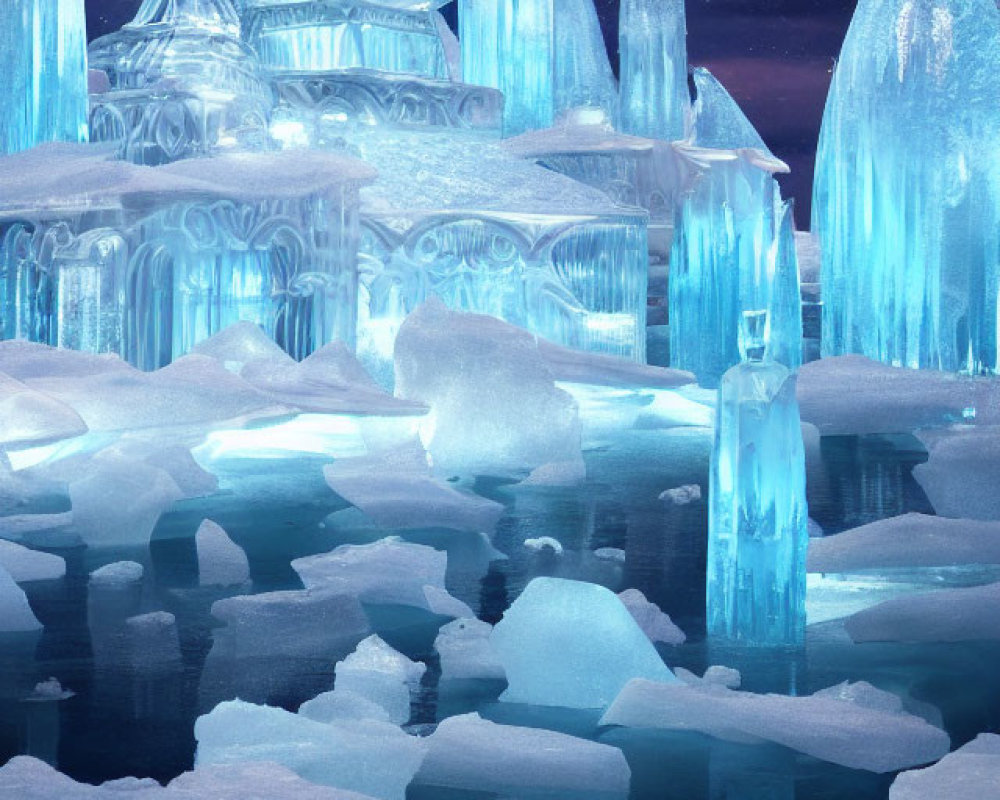 Glowing ice palace in a fantastical frozen landscape