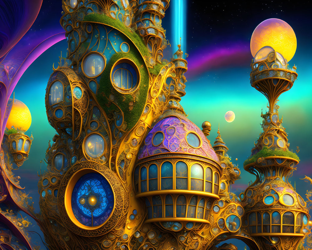 Fantastical cityscape with golden towers and moons