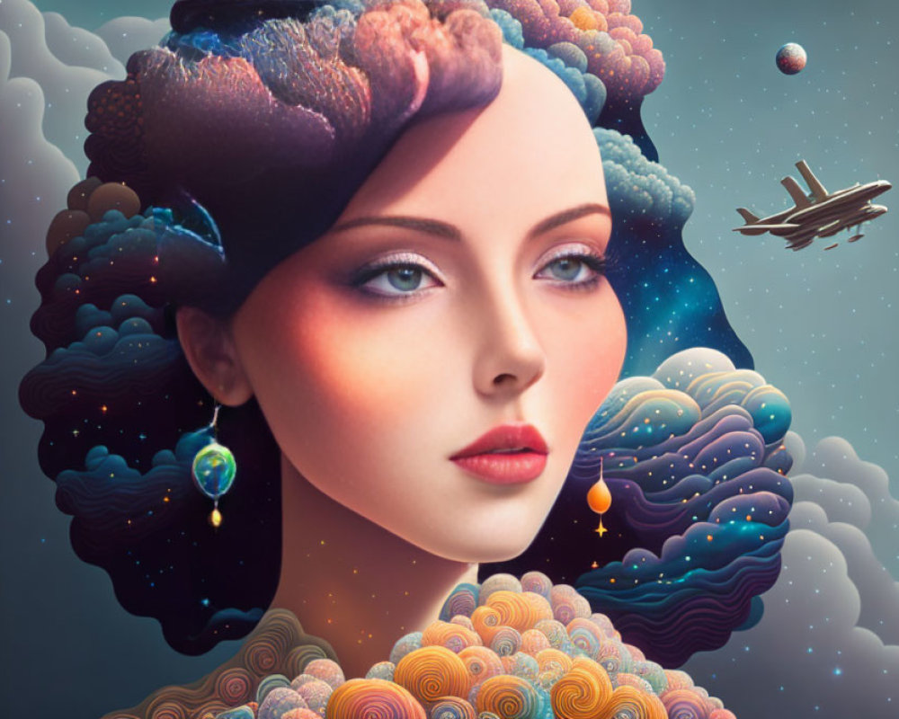 Cosmic-themed surreal portrait of a woman with planets, stars, and spaceship on dark blue background