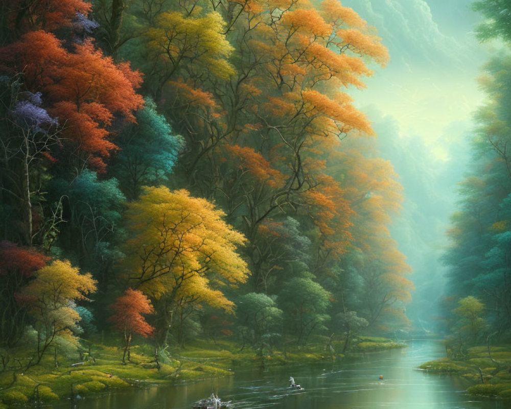 Autumnal forest scene with misty river and drifting boats