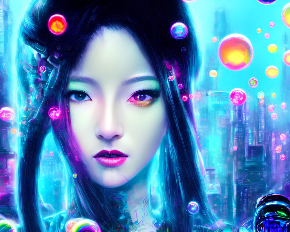 Vibrant red-eyed woman in neon cityscape with colorful bubbles