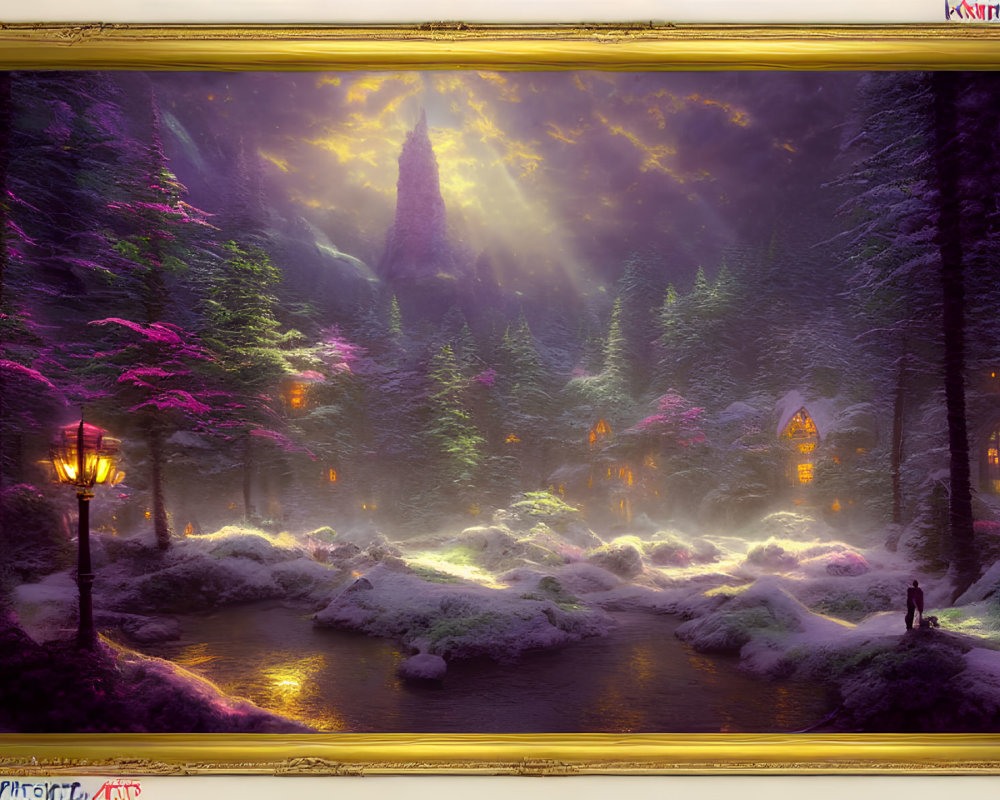 Purple-hued forest painting with glowing trees, river, street lamps, fog, and solitary figure