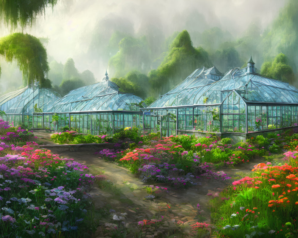 Glasshouse surrounded by vibrant flowers in misty greenery