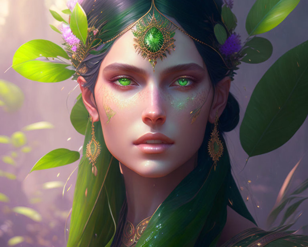 Fantastical female with green eyes and elaborate golden jewelry