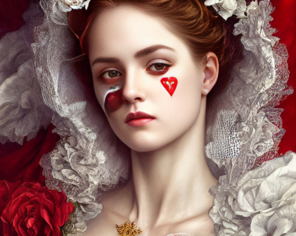 Young woman with golden crown and heart-shaped face paint among lace and red roses.