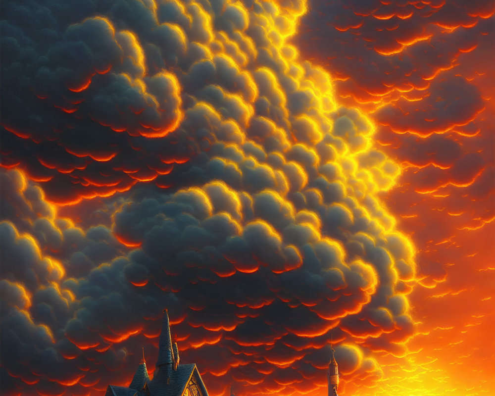 Gothic-style house under fiery sunset sky with dramatic clouds