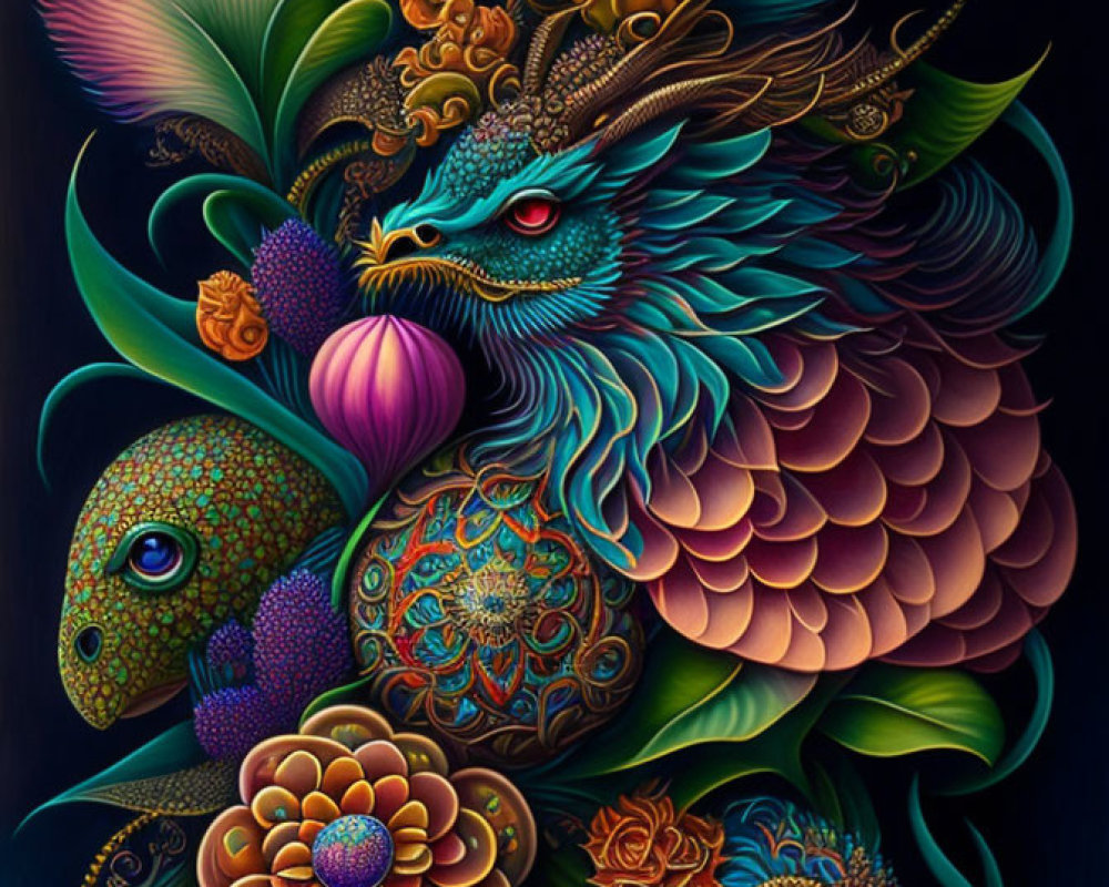 Colorful Mythical Dragon Artwork with Ornate Floral Patterns