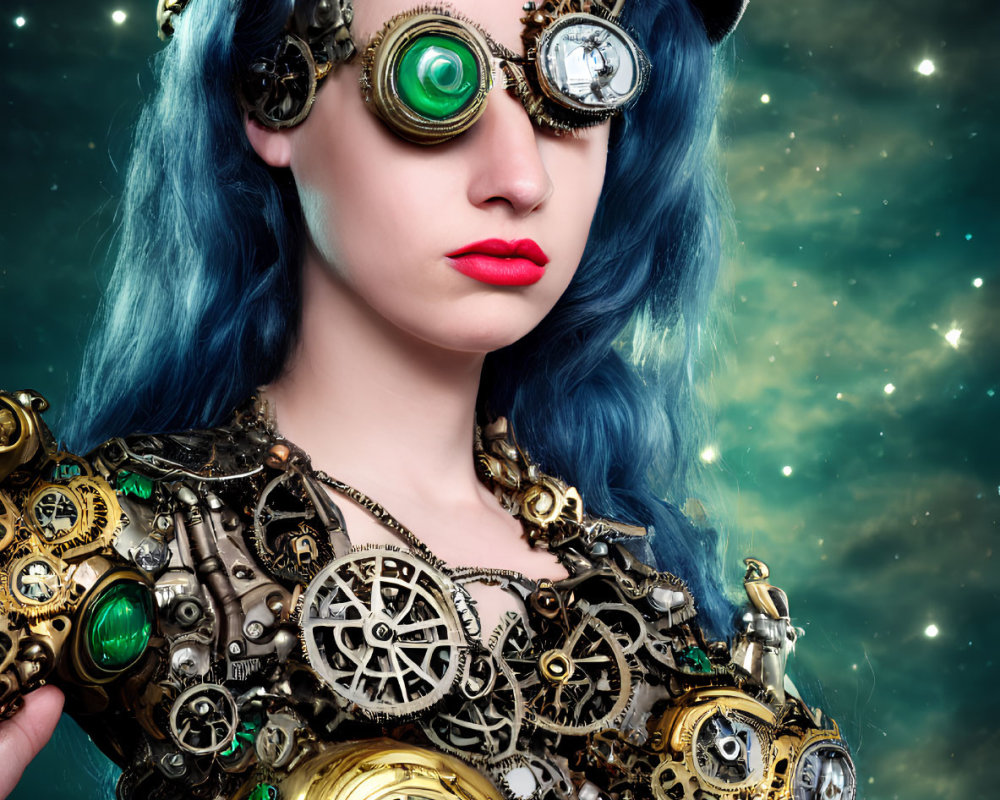 Steampunk-themed woman with blue hair and gears against starry background