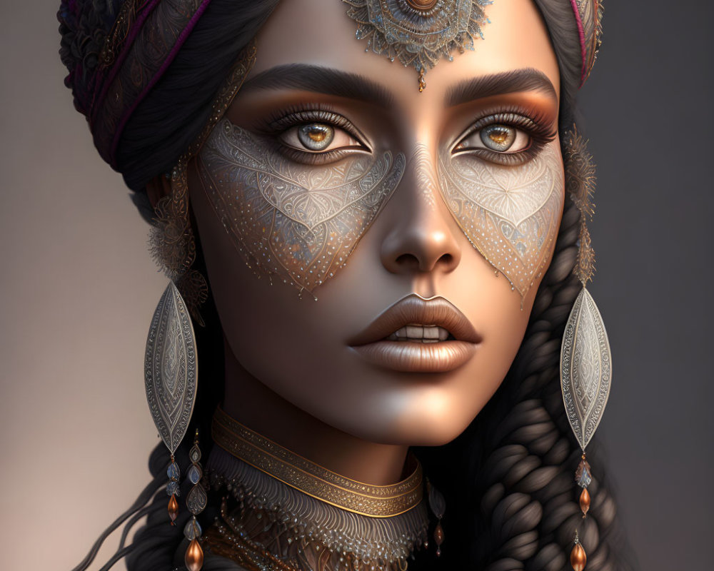 Intricate tribal makeup and colorful headdress on digital portrait