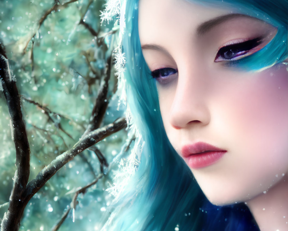 Digital artwork of woman with blue hair in snowy backdrop, face decorated with snowflakes