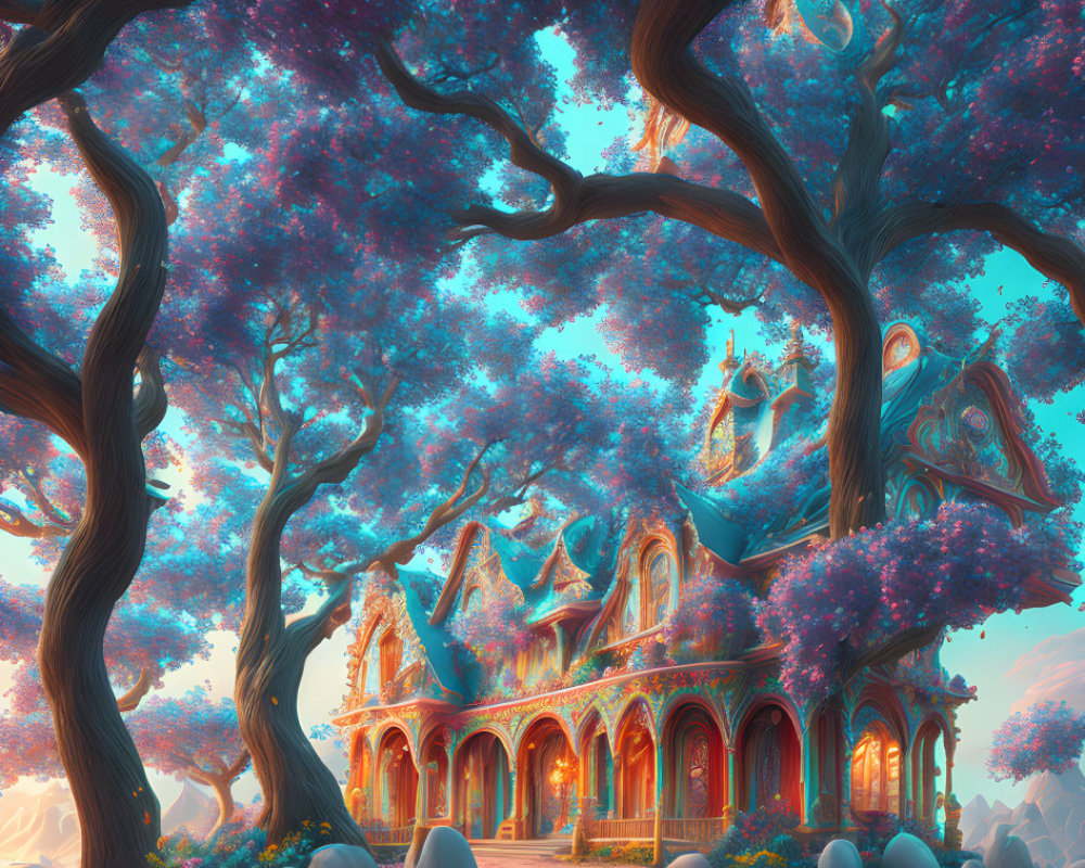 Fantastical landscape with purple foliage trees and red-roofed castle