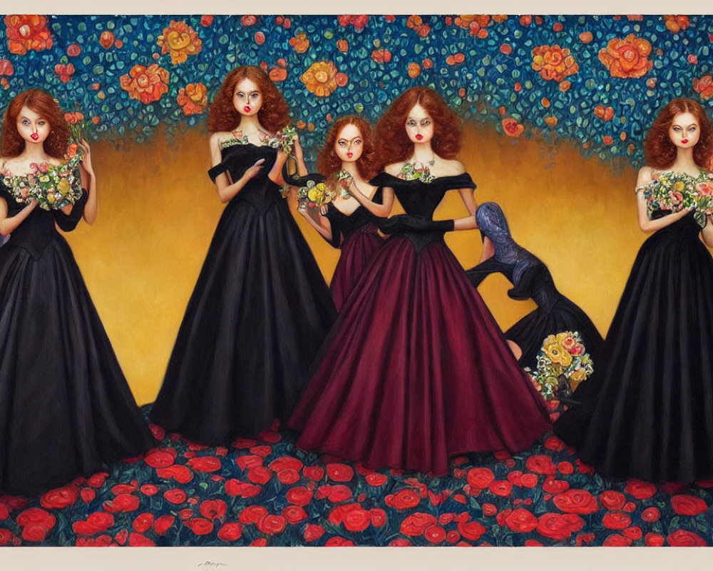 Five women in black dresses with bouquets on floral backdrop in red and blue palette