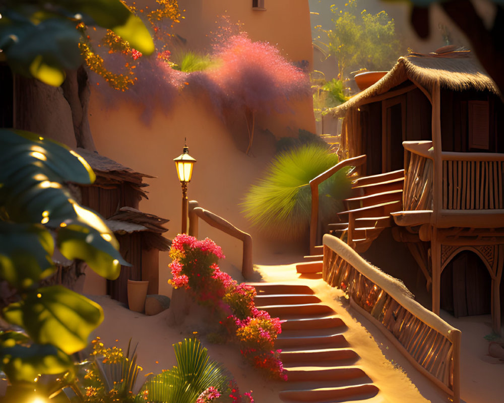 Tranquil village path with colorful flowers and sunset glow