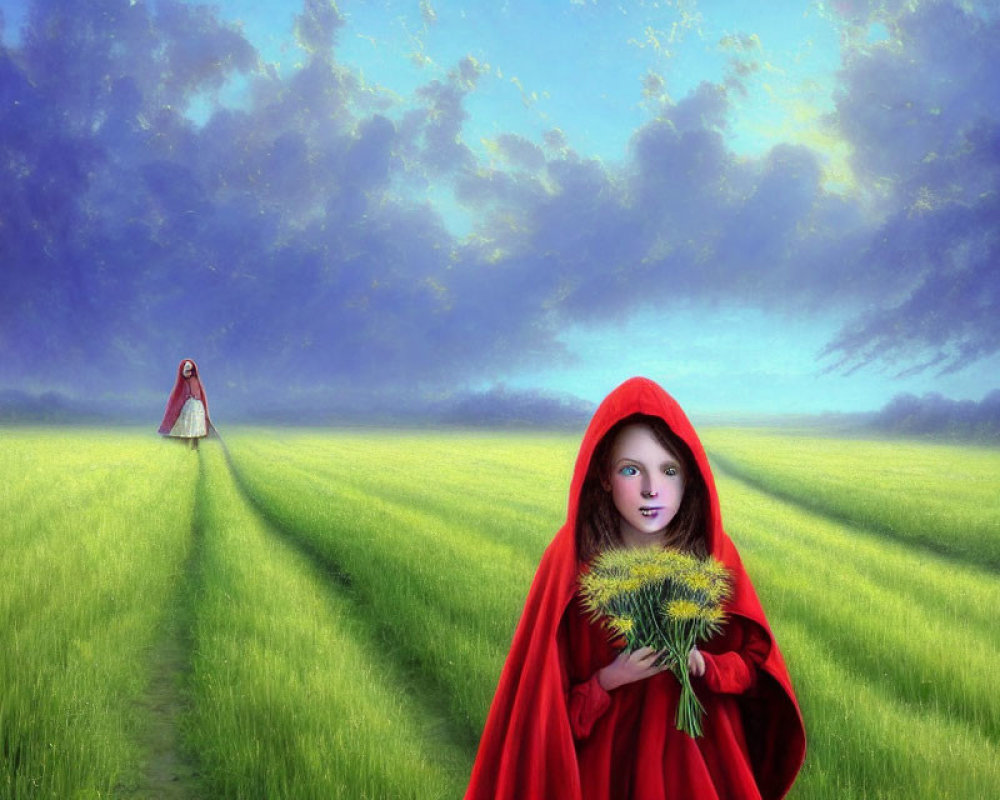 Girl in red cloak holding dandelion in lush green field under blue sky