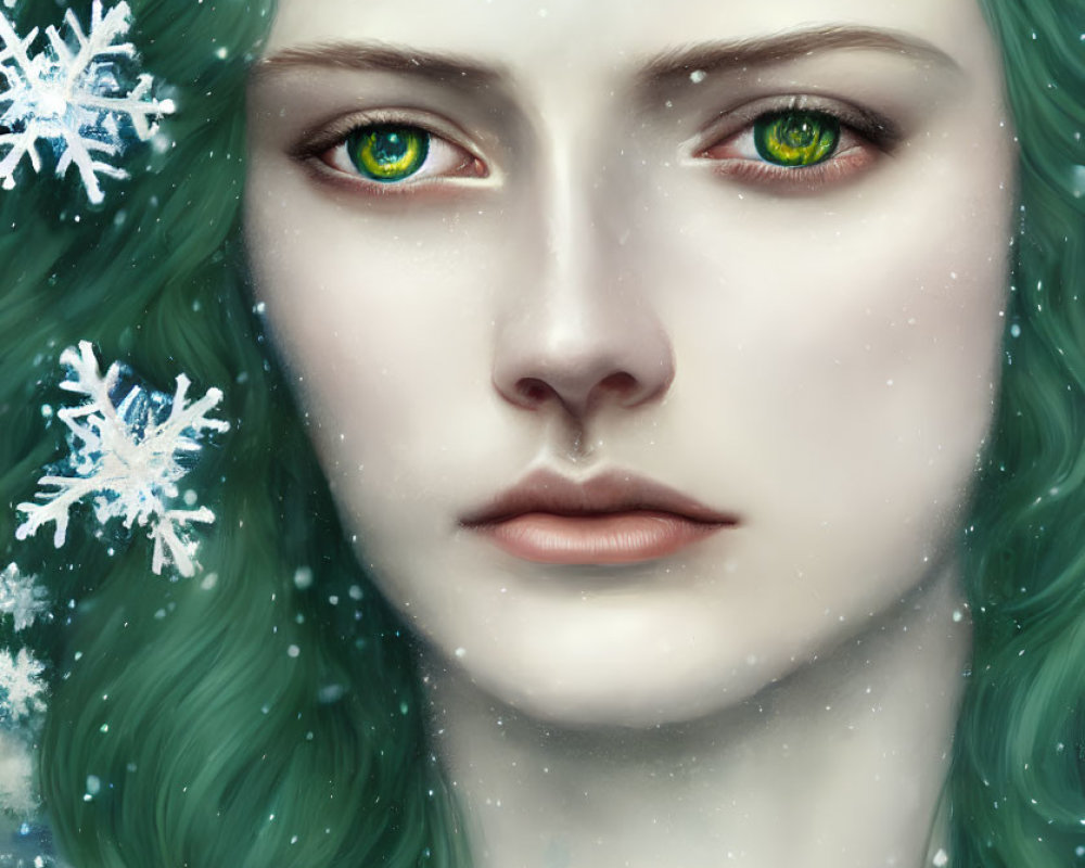 Portrait of woman with green eyes and wavy green hair in snowfall.