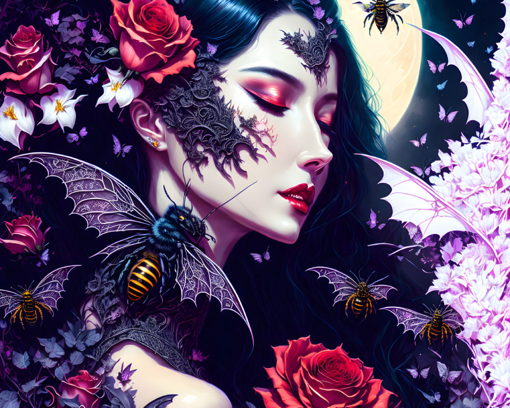 Woman with Dark Hair, Red Lips, Bees, Roses, Moon on Purple Background