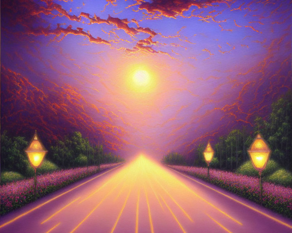 Surreal sunset road illustration with glowing lamps and purple skies