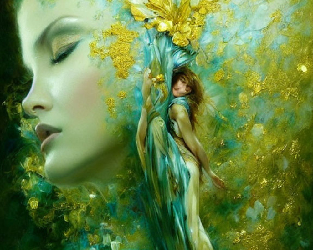 Fantasy-themed artwork: Woman profile with green and gold hues, hair transforms into flowery vine with