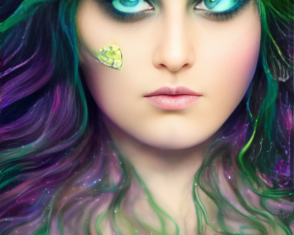 Colorful digital portrait of a woman with green eyes, multicolored hair, flowers, and a