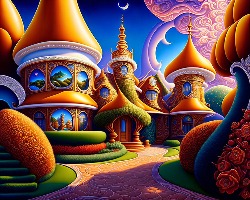 Colorful whimsical landscape with onion-domed buildings and lush foliage under a swirling sky