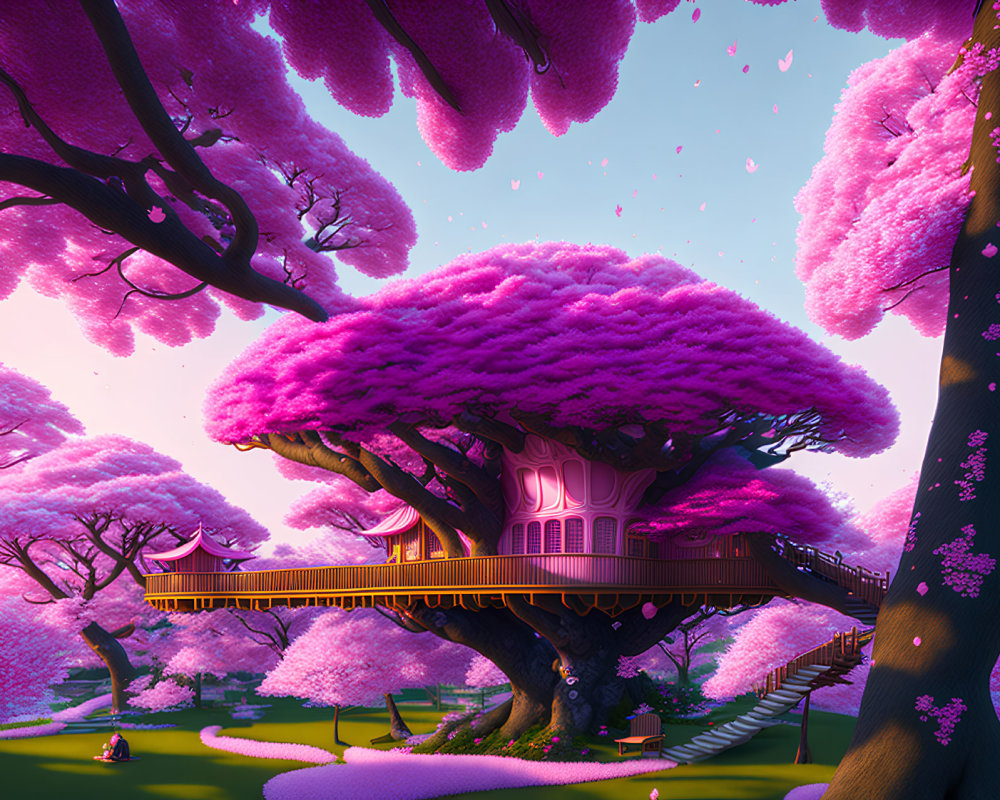 Whimsical treehouse surrounded by pink cherry blossoms at sunset