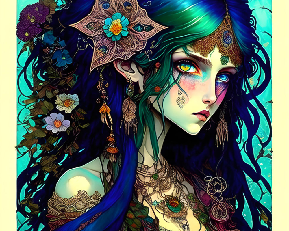 Mystical woman with blue and green hair and ornate jewelry in detailed illustration