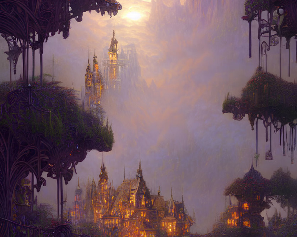 Fantastical city with ornate architecture on floating islands at sunset