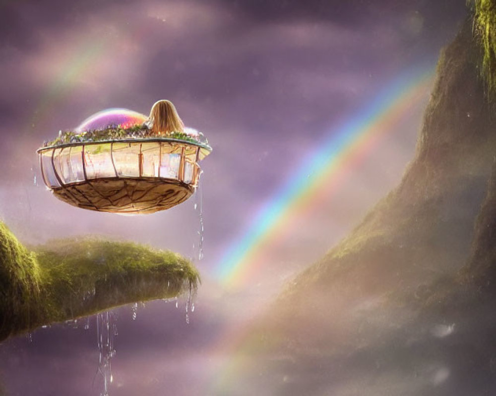 Person sitting under colorful sky watching flying vessel above rainbow in mystical landscape