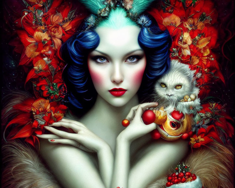 Colorful artwork of woman with blue hair, green headdress, white cat, red flowers, fruits