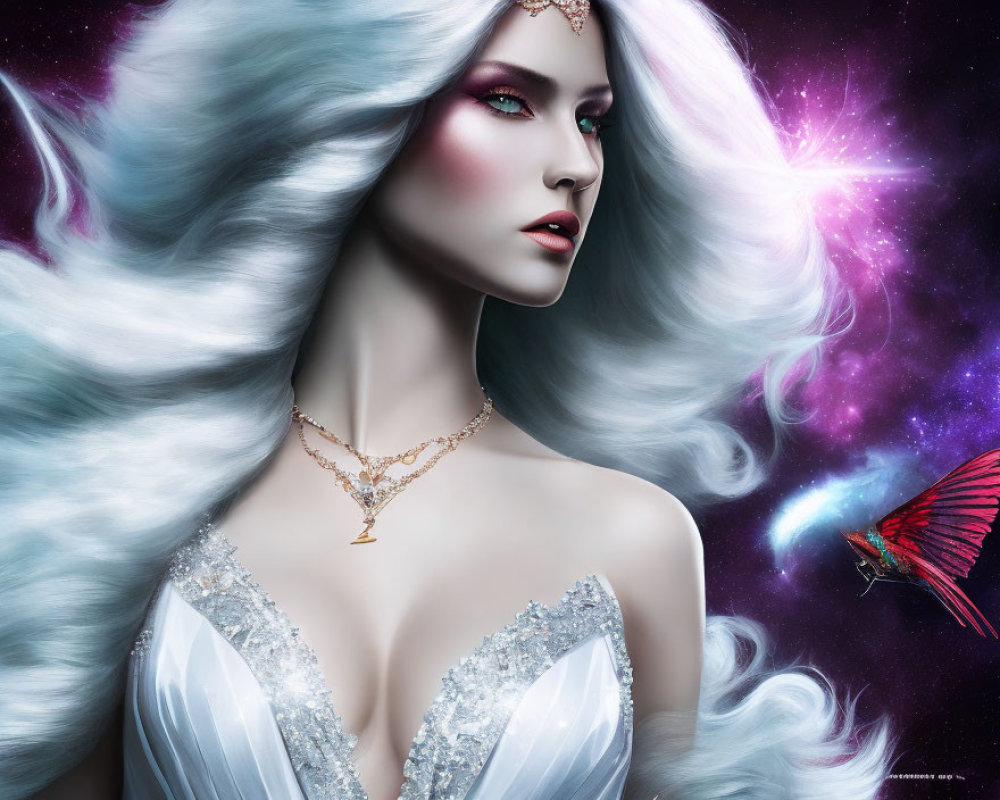 Illustration of woman with white hair in cosmic setting with red bird