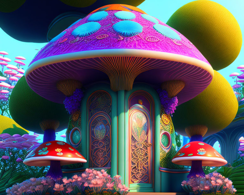 Colorful Mushroom House Illustration Surrounded by Flora