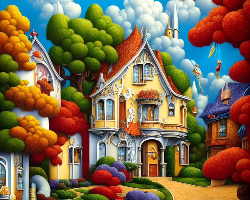 Colorful Fantasy Landscape with Whimsical Houses and Flying Creatures