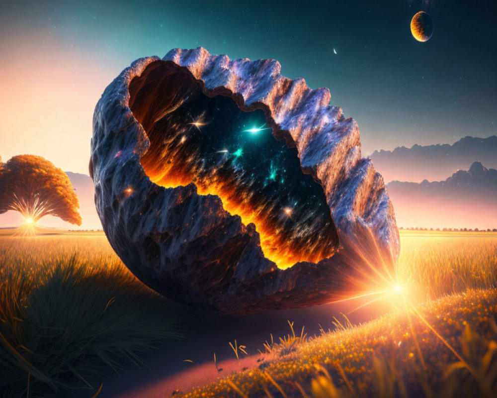 Surreal landscape with hollow asteroid rock and starry galaxy.