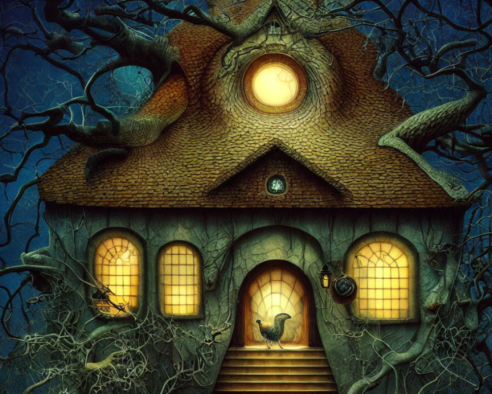 Whimsical cottage with tiled roof, glowing windows, twisted trees, cat on steps under moonlit