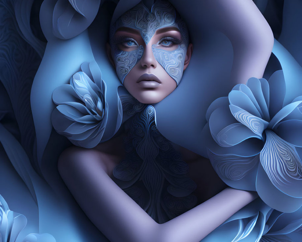 Surreal portrait of a woman with blue-toned skin and intricate patterns surrounded by stylized flowers