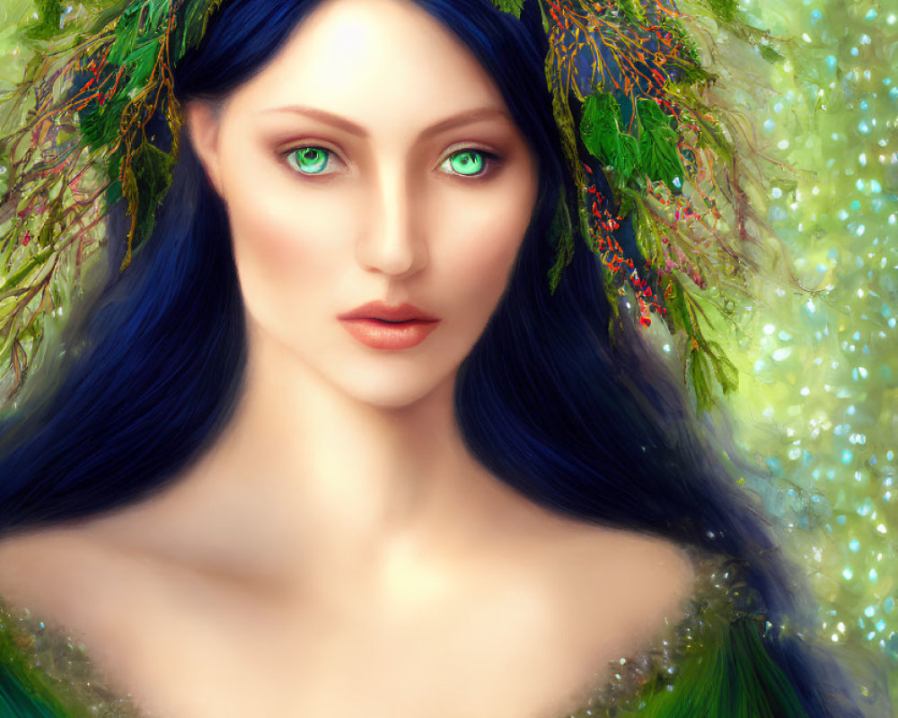 Digital portrait: Woman with mystical look, green eyes, navy blue hair, leafy crown