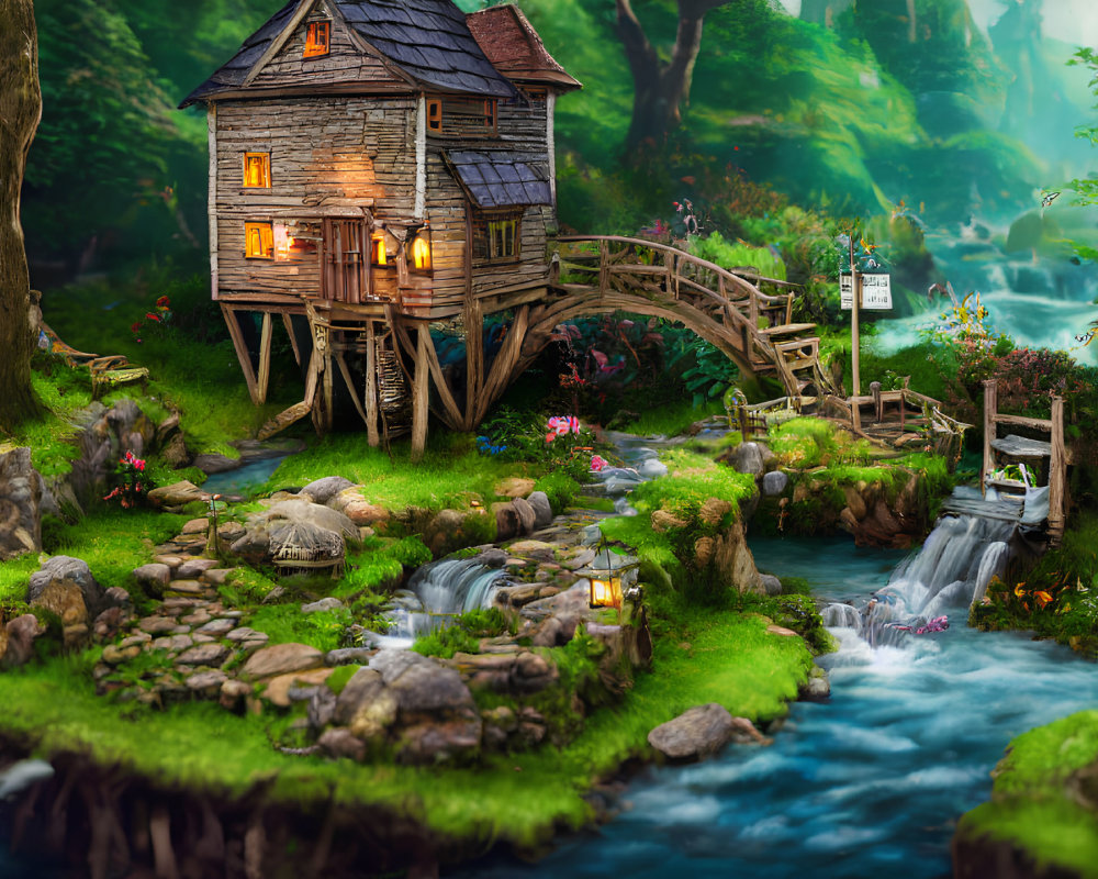 Illustration of a whimsical watermill house by a stream with wooden bridge and vibrant flora