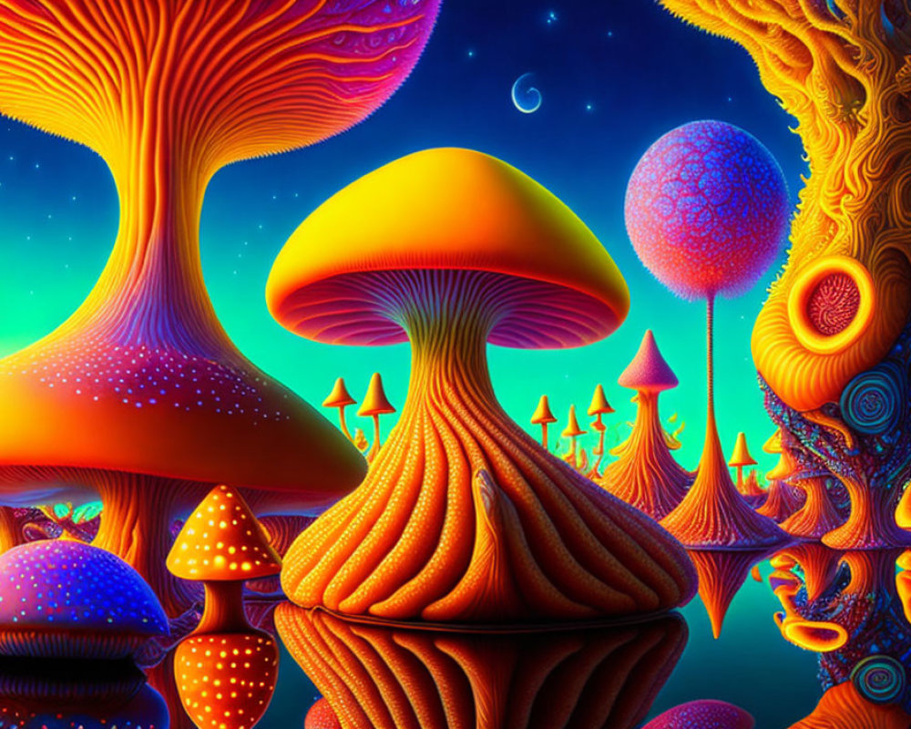 Colorful Psychedelic Mushroom Landscape Under Crescent Moon