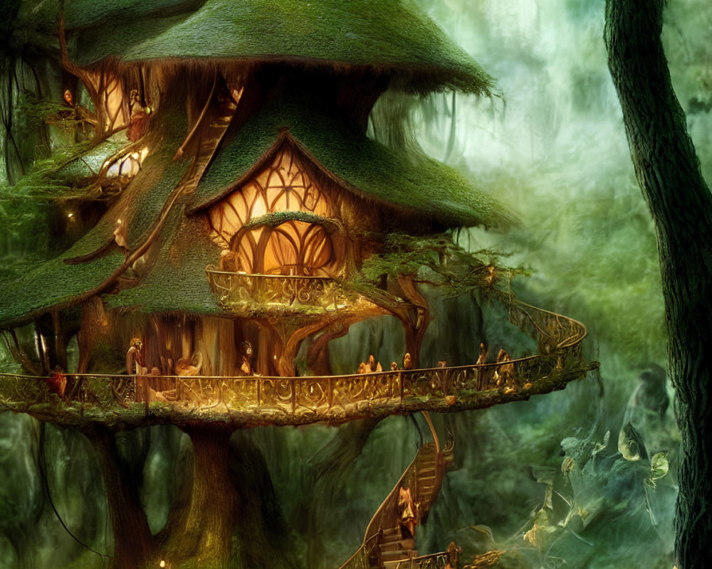 Thatched roof treehouse in mystical forest with wooden balconies