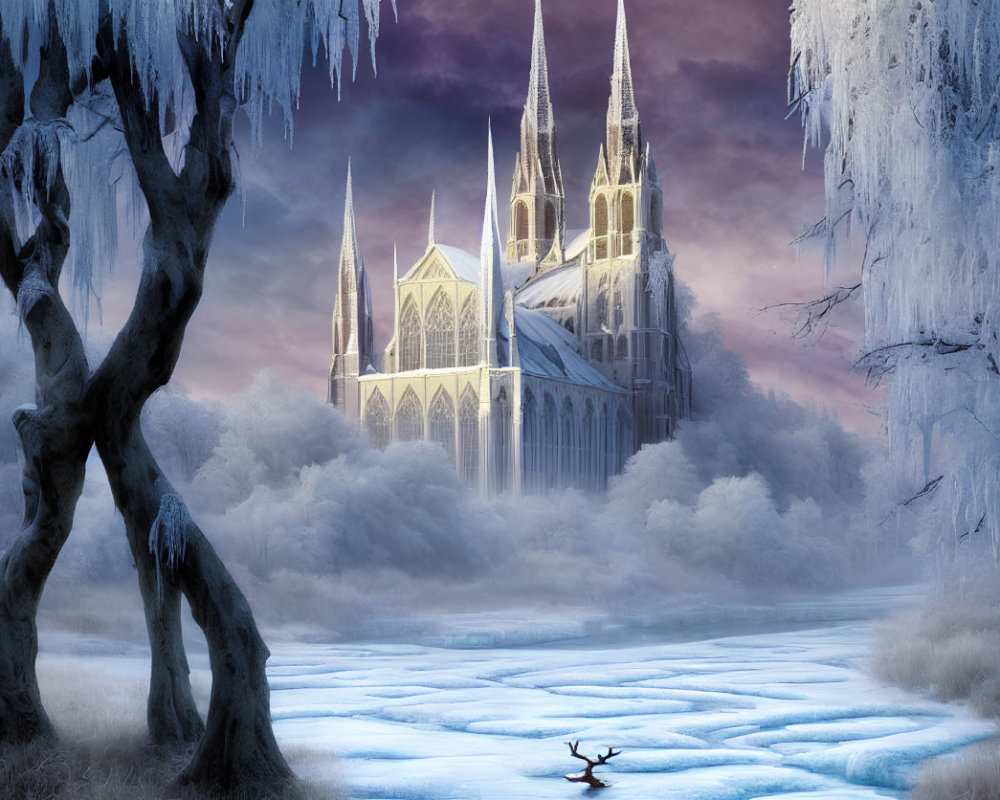 Majestic cathedral in frosty landscape with spires and frozen river