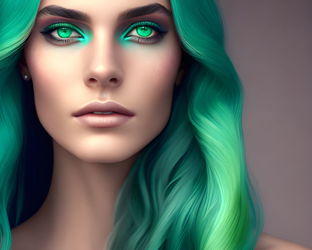 Vibrant green hair and matching eye makeup on serene woman portrait