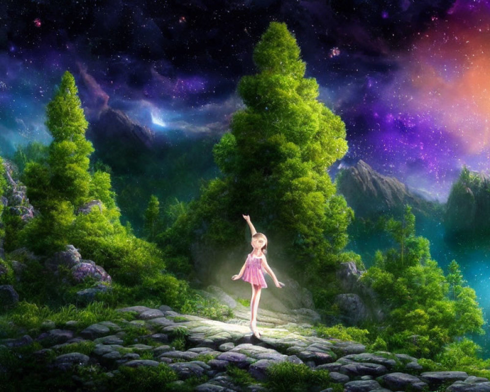 Young girl dancing on stone path under starry sky among green trees