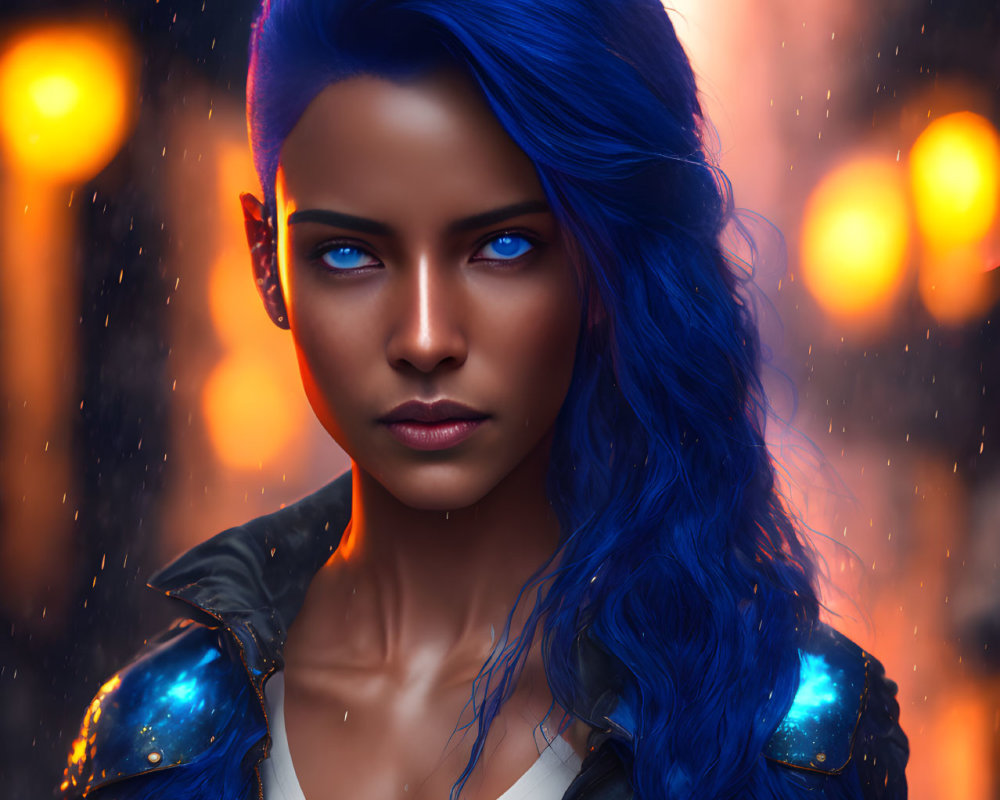 Digital Artwork: Woman with Blue Hair and Eyes on Bokeh Background