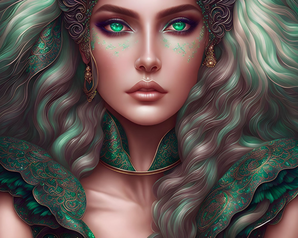 Portrait of a Woman with Green Eyes and Ornate Accessories