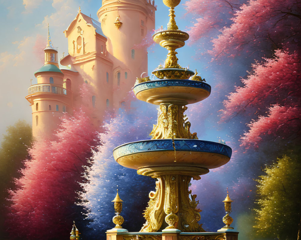 Golden fountain in fairytale setting with castle and blooming trees.