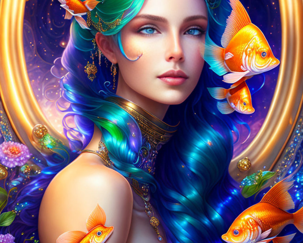 Digital Artwork: Woman with Blue Hair, Green Headpiece, Orange Fish, Cosmic Background