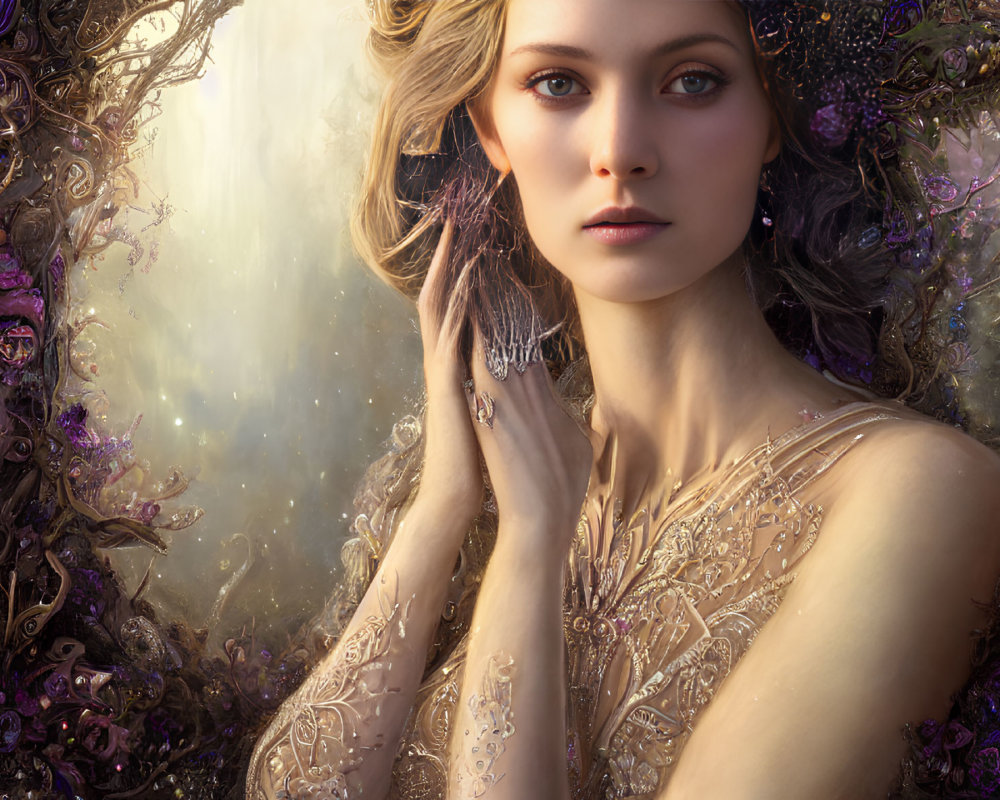 Serene woman with golden and purple details creating regal ambiance