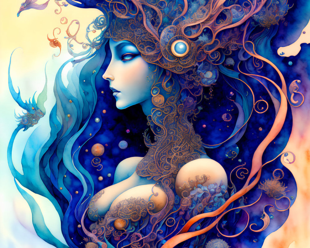 Fantastical female figure with blue and orange hair in celestial setting