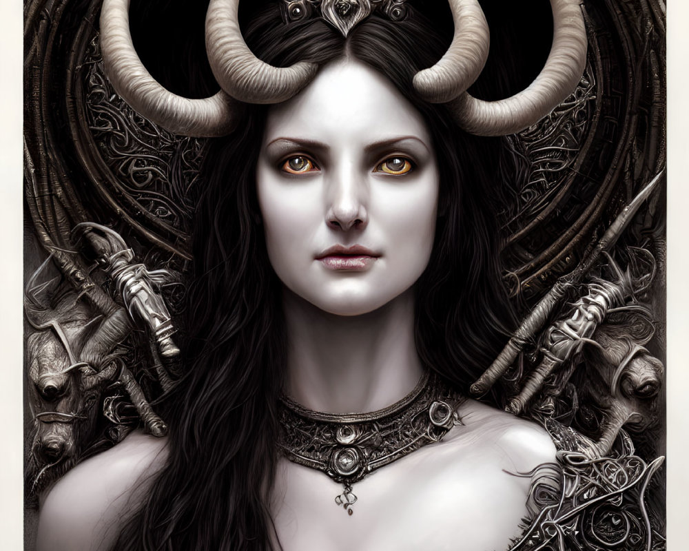 Detailed digital portrait of pale-skinned woman with dark hair, horns, metal armor, and jewelry against