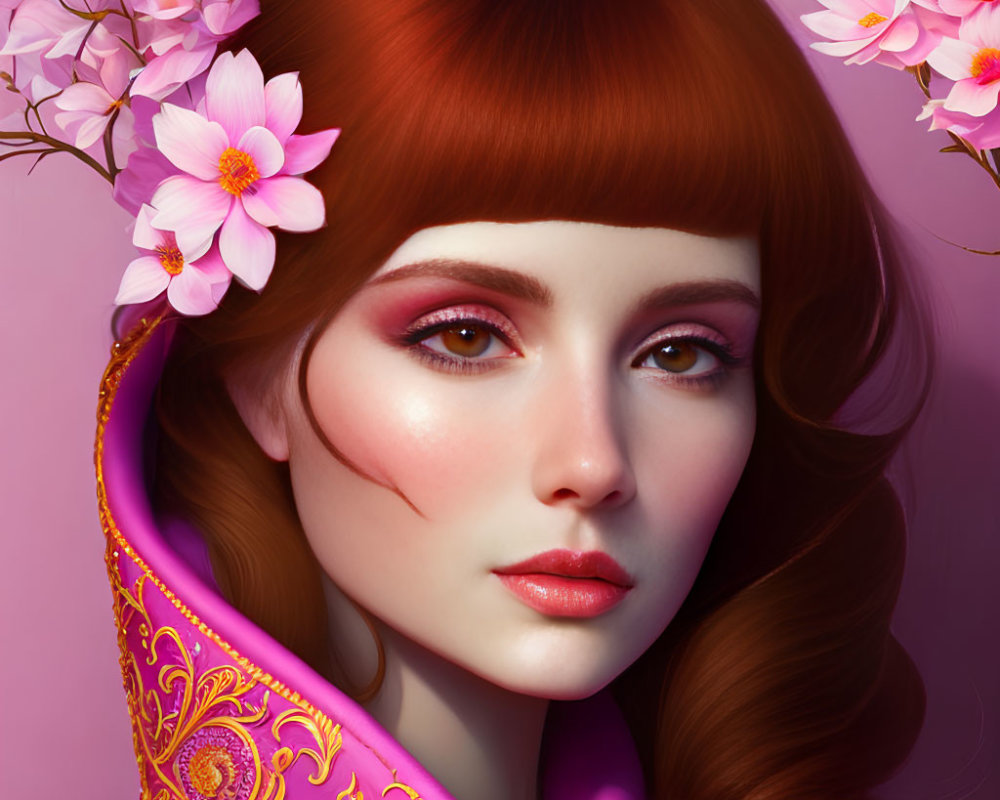 Digital artwork: Woman with red hair and pink flower adornments in pink and gold garment on pink background